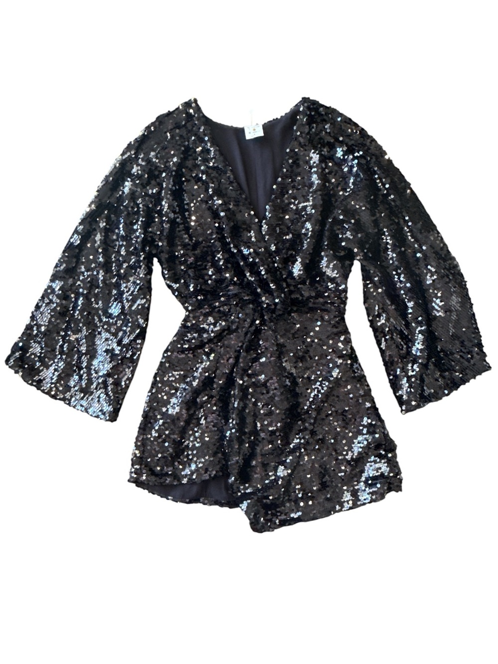 By Together Black Sequined Mini Dress Faux Wrap V-Neck Dolman Sleeves Size Small